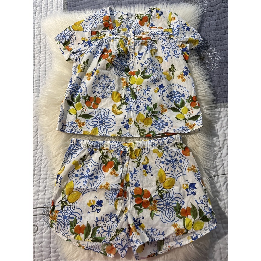 Johnny Was Lemon Citrus Pajama Short Set Lounge Fruit Tile Print Cottage Small